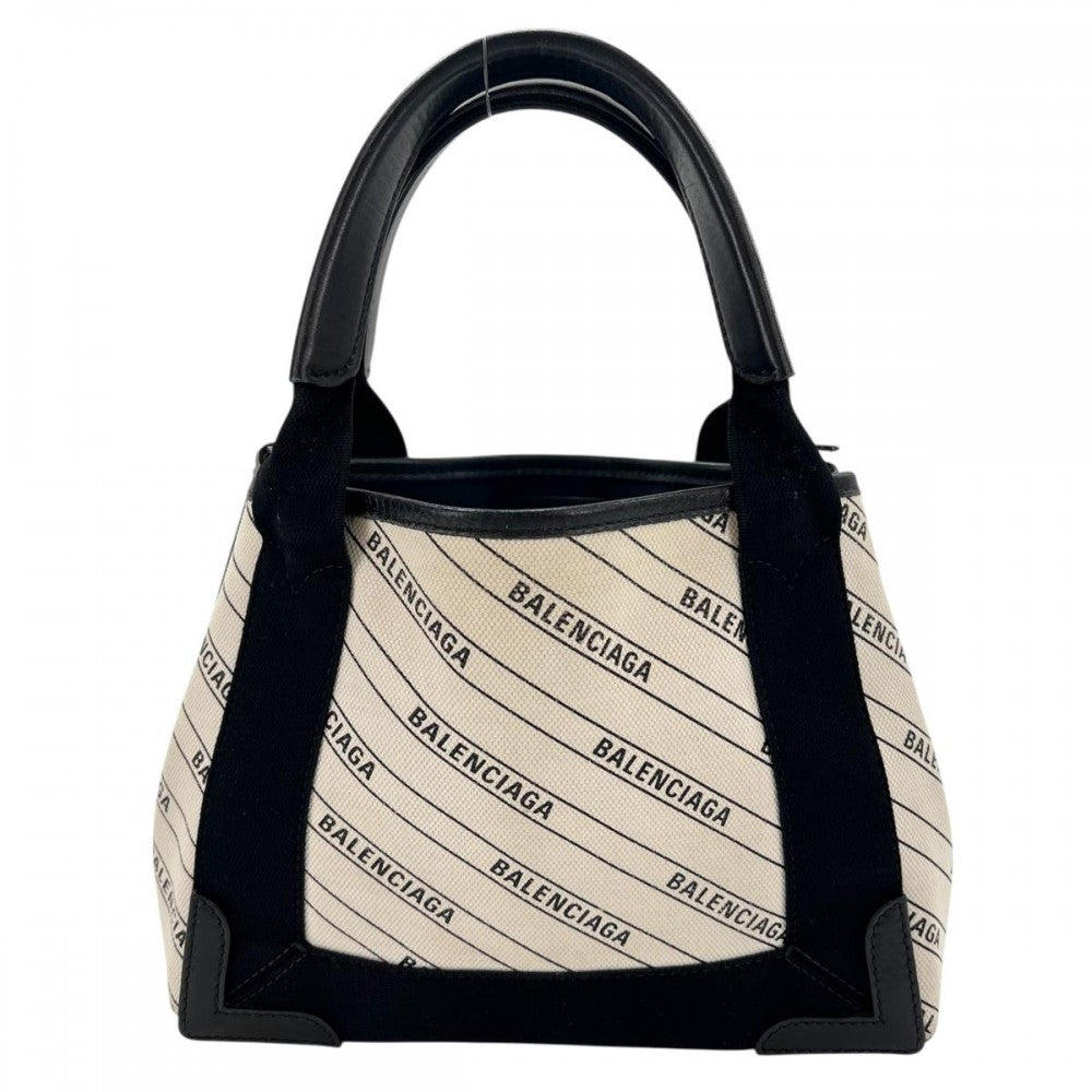 【開店SALE】 BALENCIAGA バレンシアガ 2WAY ネイビーカバス ハンドバッグ ショルダーバッグ XS 総柄 レザー ホワイト 白 ブラック 黒 シルバー金具 レディース【中古品】