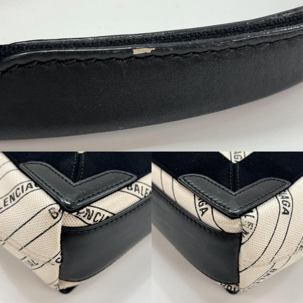 【開店SALE】 BALENCIAGA バレンシアガ 2WAY ネイビーカバス ハンドバッグ ショルダーバッグ XS 総柄 レザー ホワイト 白 ブラック 黒 シルバー金具 レディース【中古品】