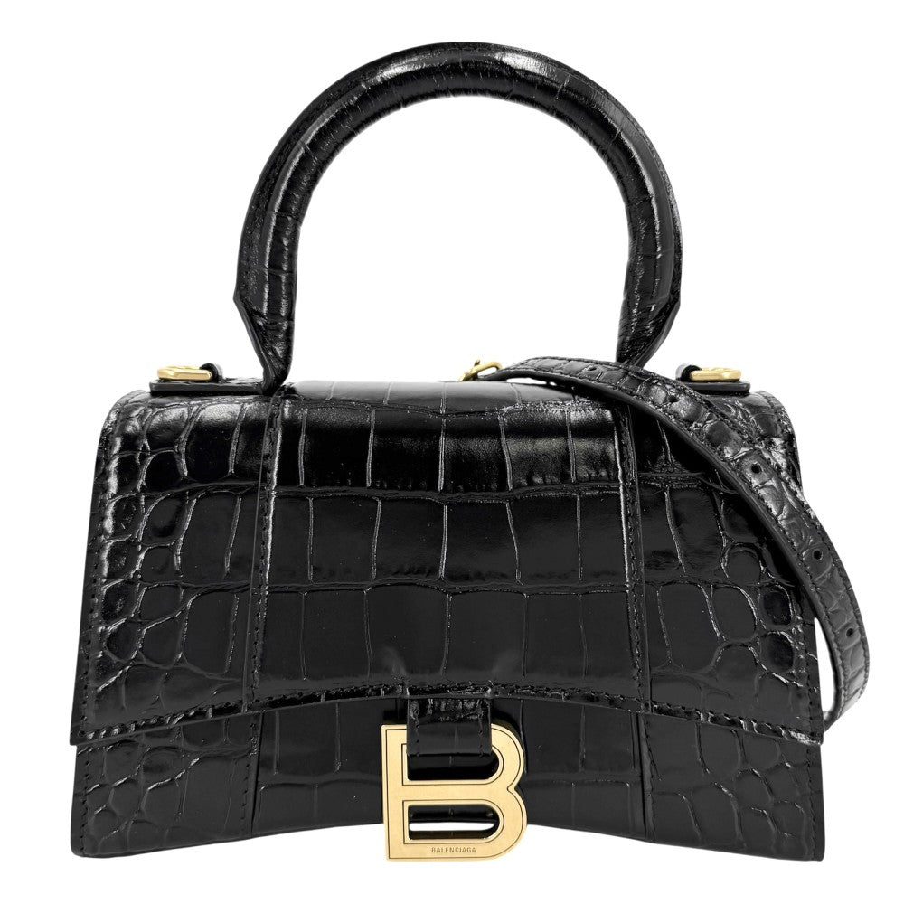 【開店SALE】 BALENCIAGA バレンシアガ 2WAY アワーグラス　XS ハンドバッグ ショルダーバッグ HOURGLASS クロコ型押し トップハンドル 592833 カーフスキン ブラック 黒 アンティークゴールド金具 レディース【中古品】