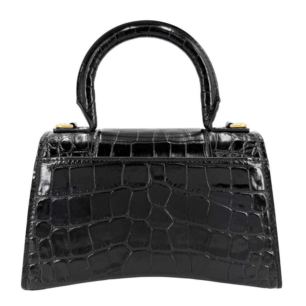 【開店SALE】 BALENCIAGA バレンシアガ 2WAY アワーグラス　XS ハンドバッグ ショルダーバッグ HOURGLASS クロコ型押し トップハンドル 592833 カーフスキン ブラック 黒 アンティークゴールド金具 レディース【中古品】