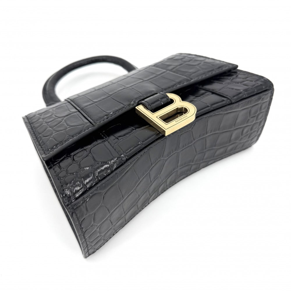 【開店SALE】 BALENCIAGA バレンシアガ 2WAY アワーグラス　XS ハンドバッグ ショルダーバッグ HOURGLASS クロコ型押し トップハンドル 592833 カーフスキン ブラック 黒 アンティークゴールド金具 レディース【中古品】