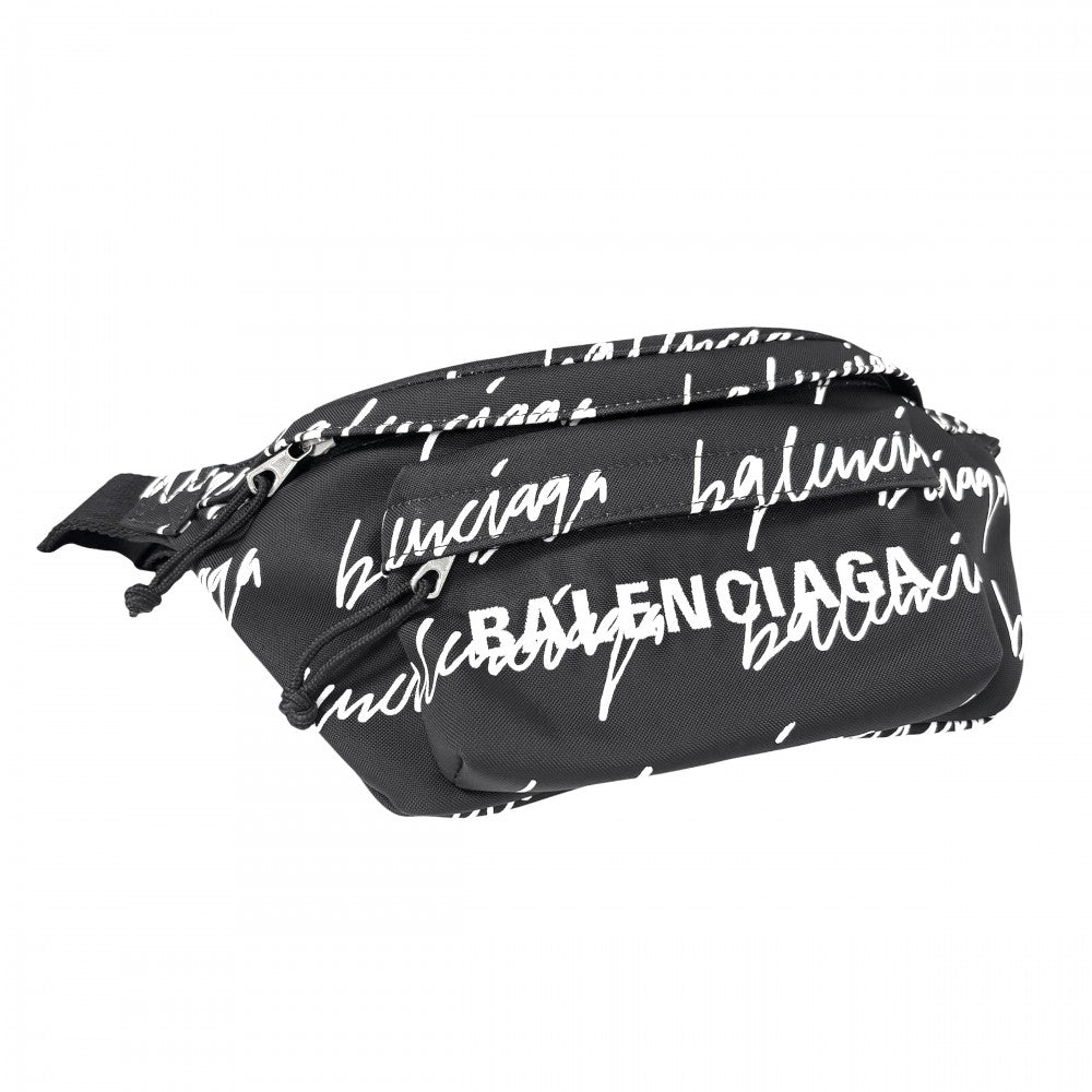 BALENCIAGA バレンシアガ ボディバッグ ウィール ベルトバッグ ウエストポーチ 総柄 533009 ナイロン ブラック 黒 ホワイト 白 シルバー金具 メンズ【中古品】