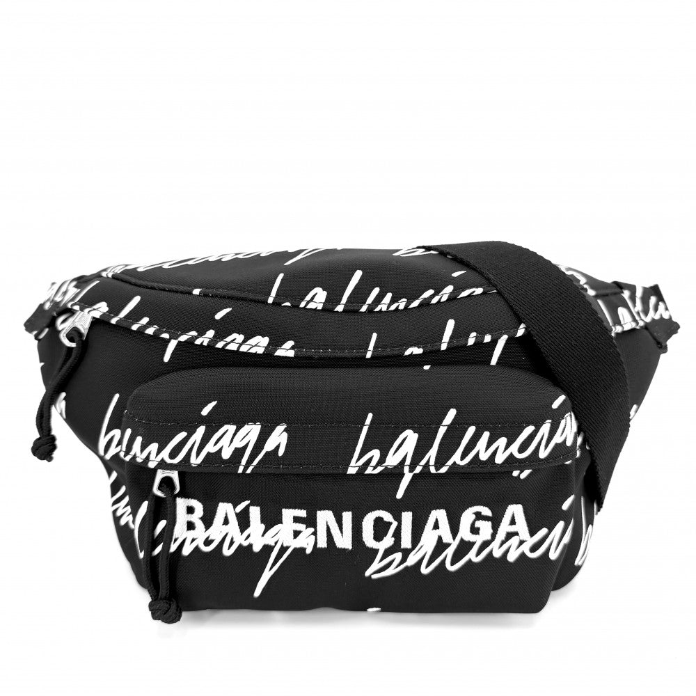 BALENCIAGA バレンシアガ ボディバッグ ウィール ベルトバッグ ウエストポーチ 総柄 533009 ナイロン ブラック 黒 ホワイト 白 シルバー金具 メンズ【中古品】