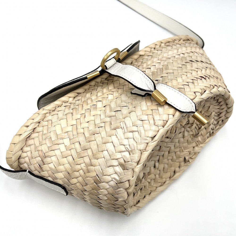【開店SALE】 Chloe クロエ ショルダーバッグ マーシー バスケット かごバッグ 春 夏 ラフィア レザー ベージュ ホワイト 白 ゴールド金具 レディース【中古品】