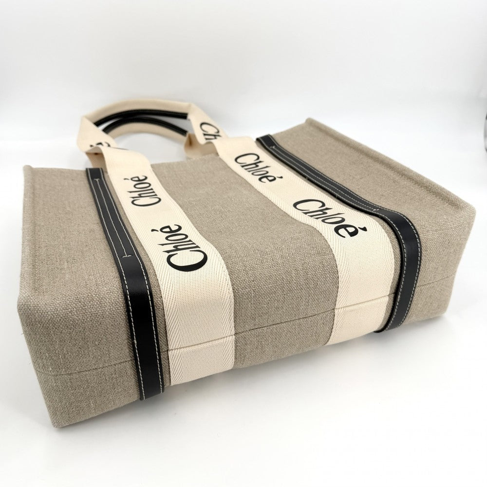 Chloe クロエ ハンドバッグ ウッディ ミディアムトートバッグ WOODY CHC22AS383I269101 リネンキャンバス カーフスキン ベージュ ブラック 黒 レディース【中古品】