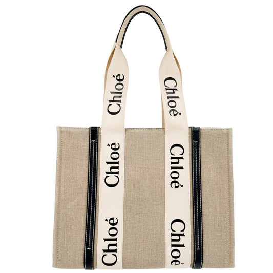 Chloe クロエ ハンドバッグ ウッディ ミディアムトートバッグ WOODY CHC22AS383I269101 リネンキャンバス カーフスキン ベージュ ブラック 黒 レディース【中古品】