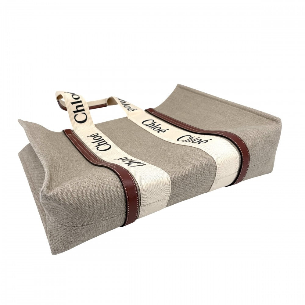 【開店SALE】 Chloe クロエ ハンドバッグ ウッディ ラージトートバッグ WOODY リネンキャンバス カーフスキン ベージュ アイボリー レディース【中古品】