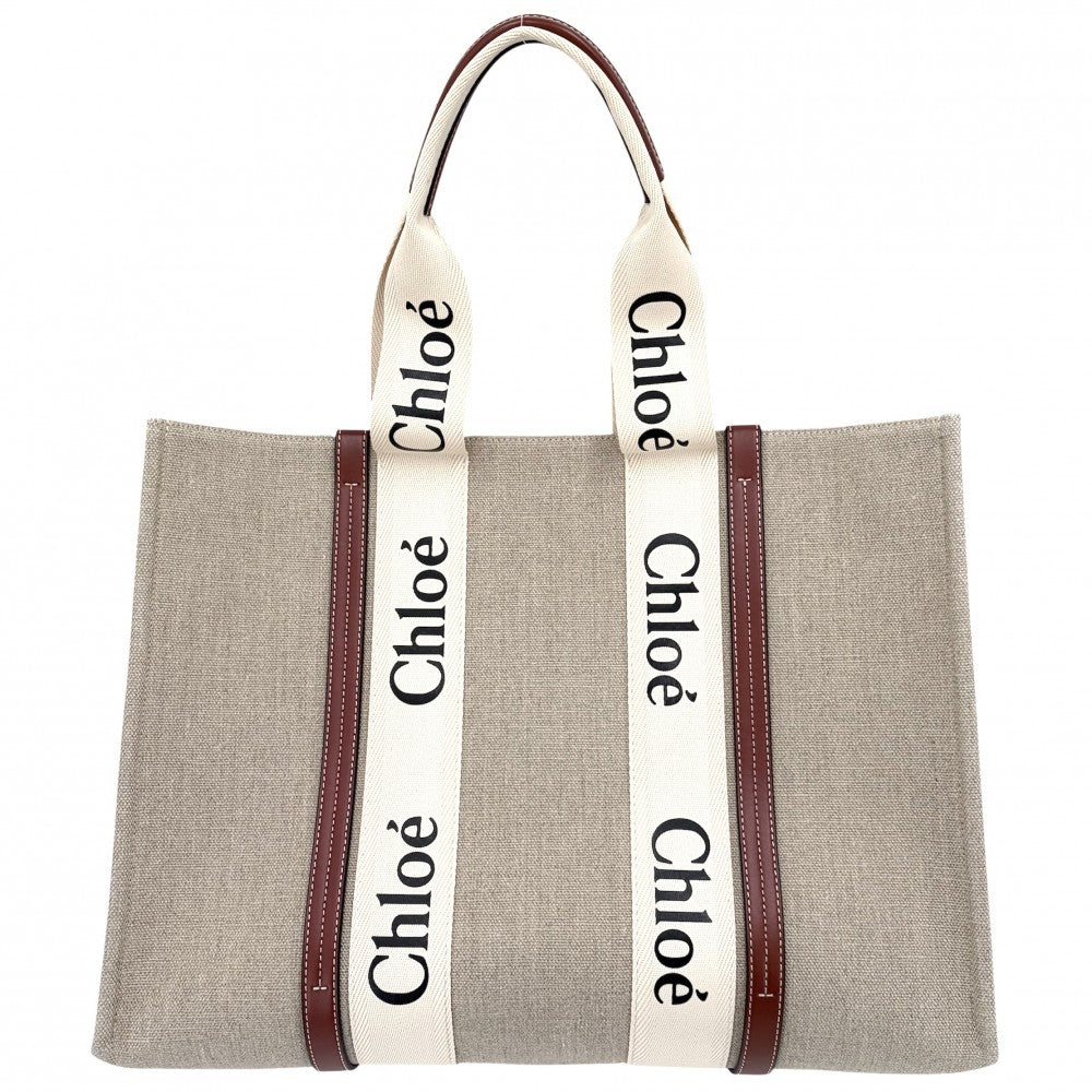 【開店SALE】 Chloe クロエ ハンドバッグ ウッディ ラージトートバッグ WOODY リネンキャンバス カーフスキン ベージュ アイボリー レディース【中古品】