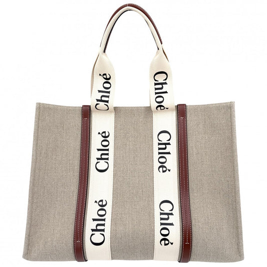 【開店SALE】 Chloe クロエ ハンドバッグ ウッディ ラージトートバッグ WOODY リネンキャンバス カーフスキン ベージュ アイボリー レディース【中古品】