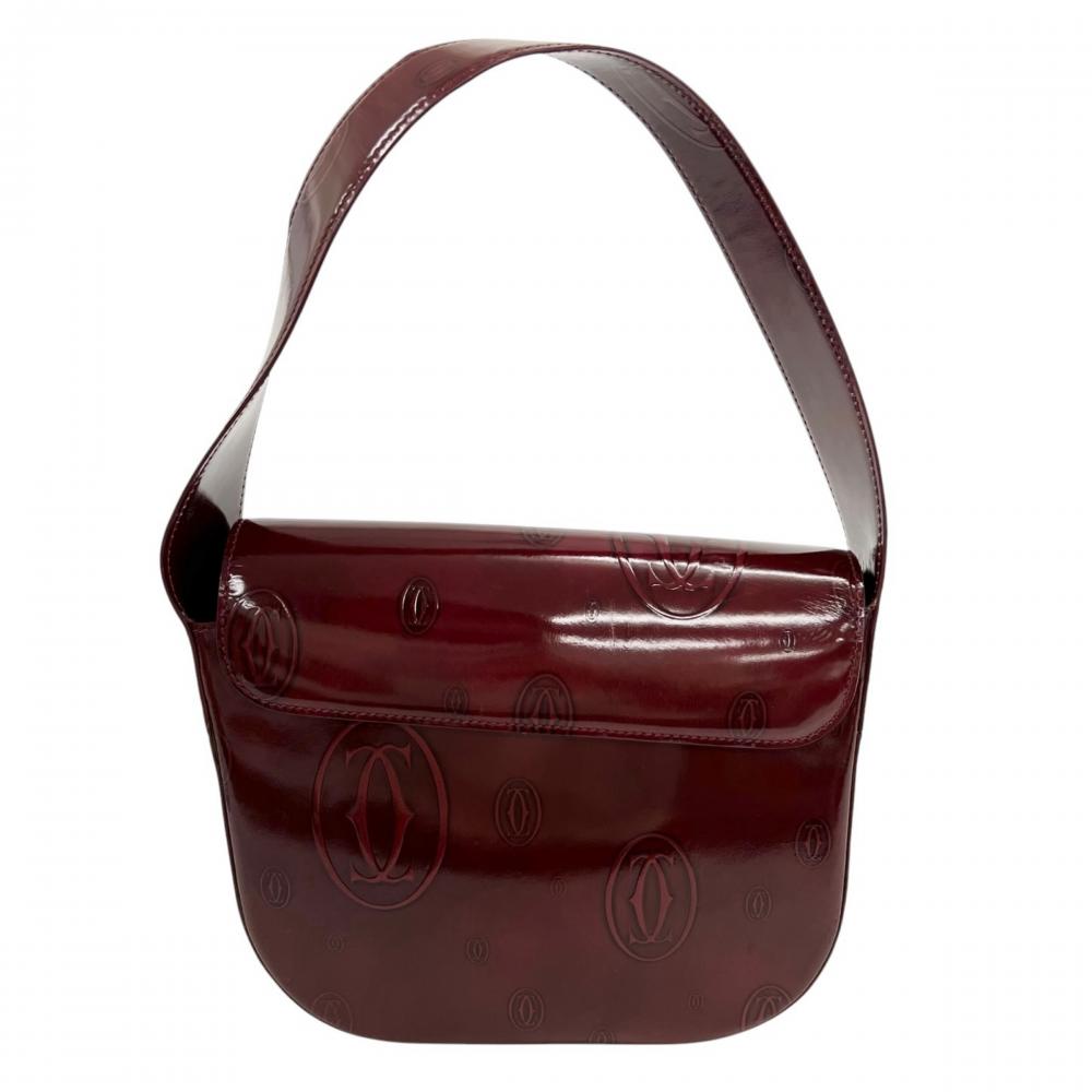CARTIER カルティエ ハンドバッグ ハッピーバースデー ロゴ生地 パテントレザー レッド 赤 シルバー金具 レディース【中古品】