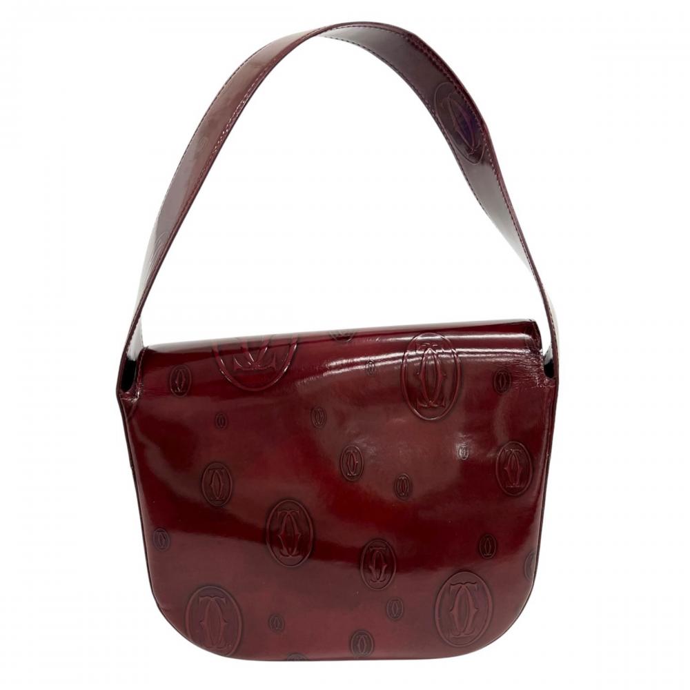 CARTIER カルティエ ハンドバッグ ハッピーバースデー ロゴ生地 パテントレザー レッド 赤 シルバー金具 レディース【中古品】