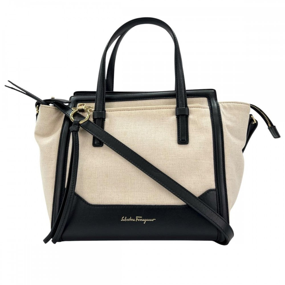 【開店SALE】 Salvatore Ferragamo サルヴァトーレフェラガモ 2WAY トートバッグ ショルダーバック ハンドバッグ アイボリー ブラック 黒 ゴールド金具 レディース【中古品】
