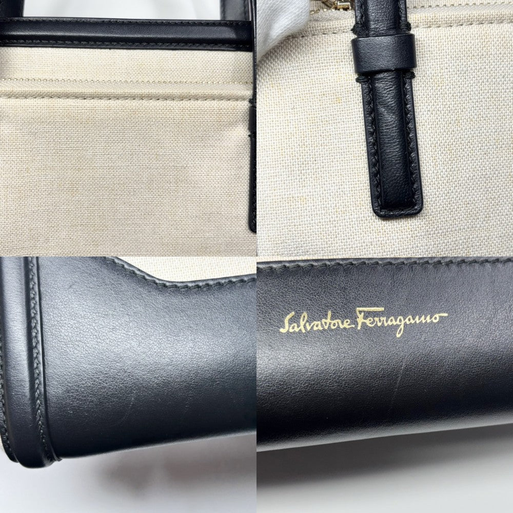 【開店SALE】 Salvatore Ferragamo サルヴァトーレフェラガモ 2WAY トートバッグ ショルダーバック ハンドバッグ アイボリー ブラック 黒 ゴールド金具 レディース【中古品】
