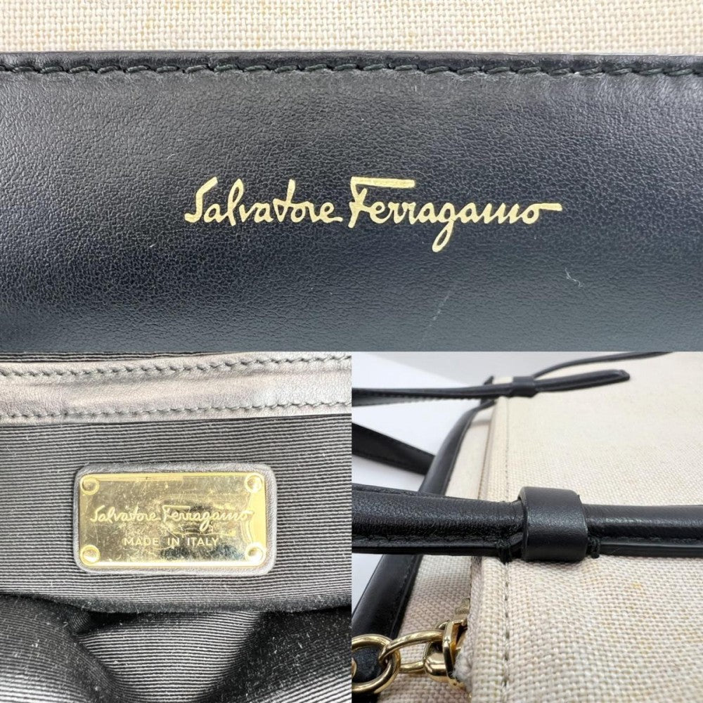 【開店SALE】 Salvatore Ferragamo サルヴァトーレフェラガモ 2WAY トートバッグ ショルダーバック ハンドバッグ アイボリー ブラック 黒 ゴールド金具 レディース【中古品】