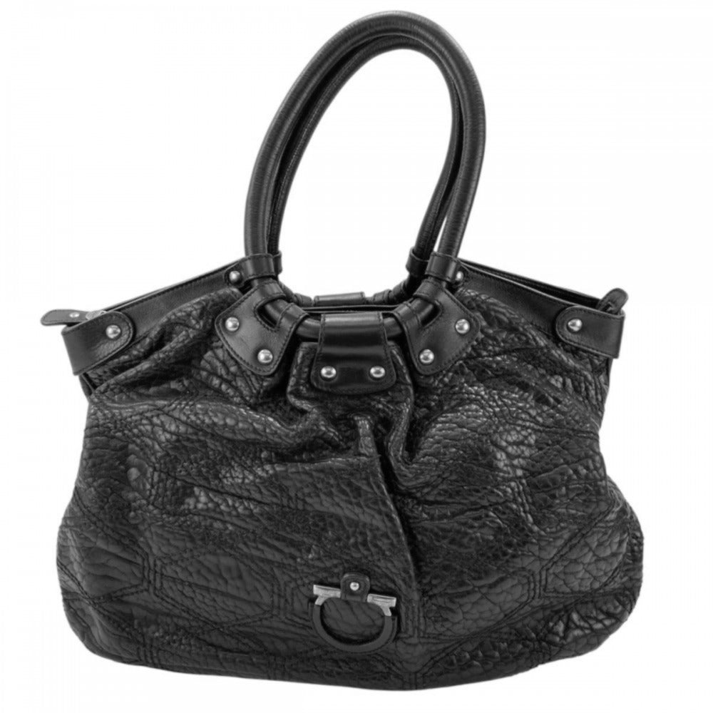 【開店SALE】 Salvatore Ferragamo サルヴァトーレフェラガモ トートバッグ ガンチーニ ショルダーバッグ トートバッグ ステッチ ブラック 黒 シルバー金具 レディース【中古品】
