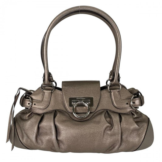 Salvatore Ferragamo サルヴァトーレフェラガモ ハンドバッグ ガンチーニ マリッサ メタリック カーフ グレー シルバー金具 レディース【中古品】