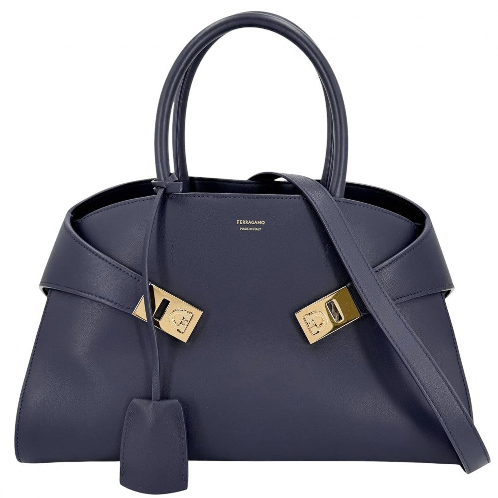 Salvatore Ferragamo サルヴァトーレフェラガモ 2WAY ハグ トートバッグ ショルダーバック レザー ネイビー 紺 ゴールド金具 レディース【中古品】