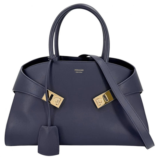 Salvatore Ferragamo サルヴァトーレフェラガモ 2WAY ハグ トートバッグ ショルダーバック レザー ネイビー 紺 ゴールド金具 レディース【中古品】
