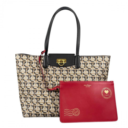 Salvatore Ferragamo サルヴァトーレフェラガモ トートバッグ ガンチーニ GU211012 PVCコーティングキャンバス レザー ブラック 黒 ブラウン 茶 ゴールド金具 レディース【中古品】
