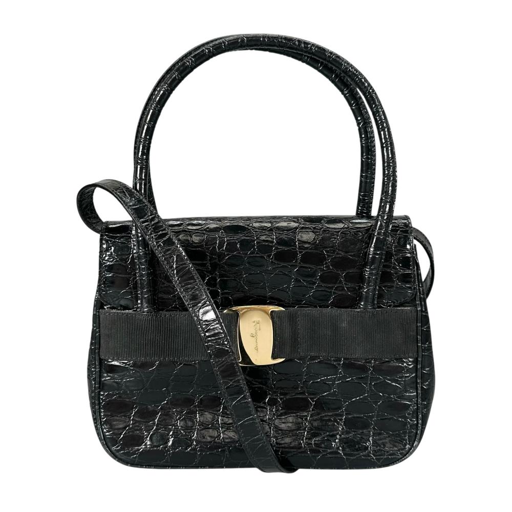 Salvatore Ferragamo サルヴァトーレフェラガモ ハンドバッグ ヴェラ クロコ型押し 2WAY A217201 ブラック 黒 ゴールド金具 レディース【中古品】