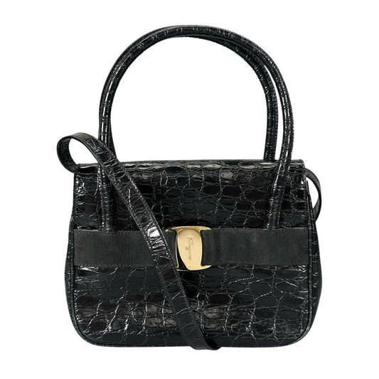 Salvatore Ferragamo サルヴァトーレフェラガモ ハンドバッグ ヴェラ クロコ型押し 2WAY A217201 ブラック 黒 ゴールド金具 レディース【中古品】