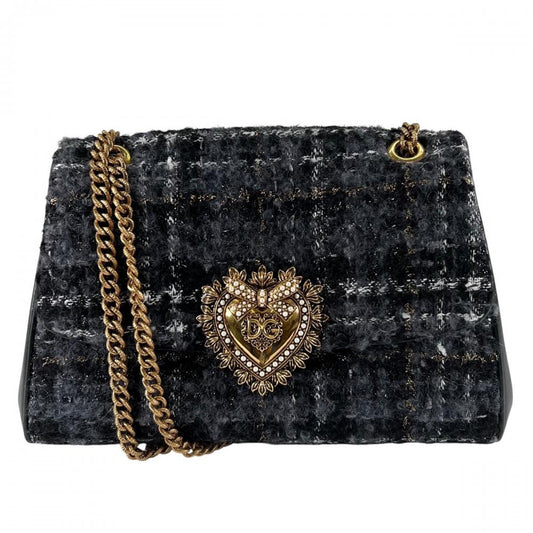 DOLCE&GABBANA ドルチェアンドガッバーナ ショルダーバッグ ディヴォーション チェーンショルダー ツイード ラムスキン ブラック 黒 ゴールド金具 レディース【中古品】