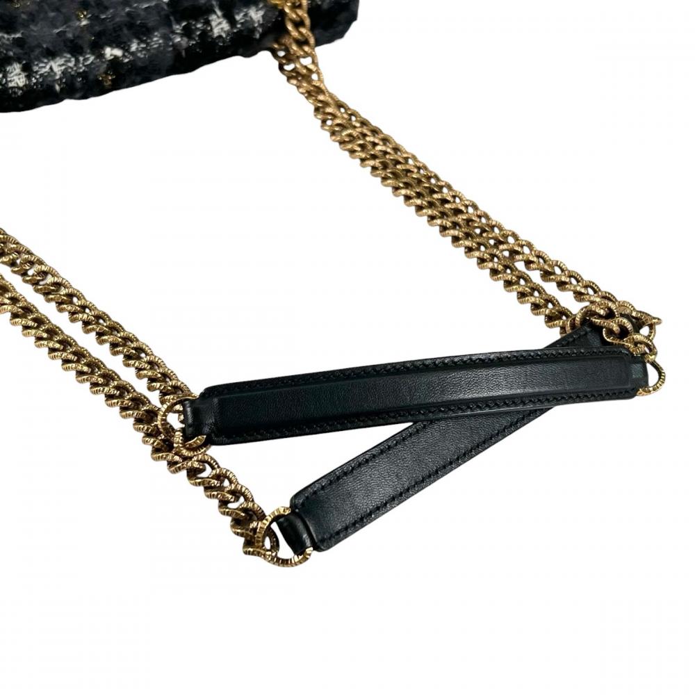 DOLCE&GABBANA ドルチェアンドガッバーナ ショルダーバッグ ディヴォーション チェーンショルダー ツイード ラムスキン ブラック 黒 ゴールド金具 レディース【中古品】