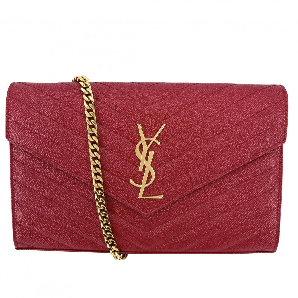 SAINT LAURENT PARIS サンローランパリ チェーンウォレット カサンドラ YSLロゴ ショルダーバッグ 377828 レザー レッド 赤 ゴールド金具 レディース【中古品】