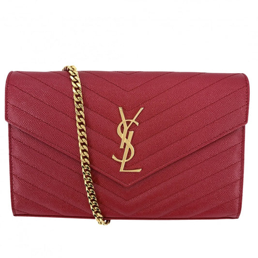 SAINT LAURENT PARIS サンローランパリ チェーンウォレット カサンドラ YSLロゴ ショルダーバッグ 377828 レザー レッド 赤 ゴールド金具 レディース【中古品】