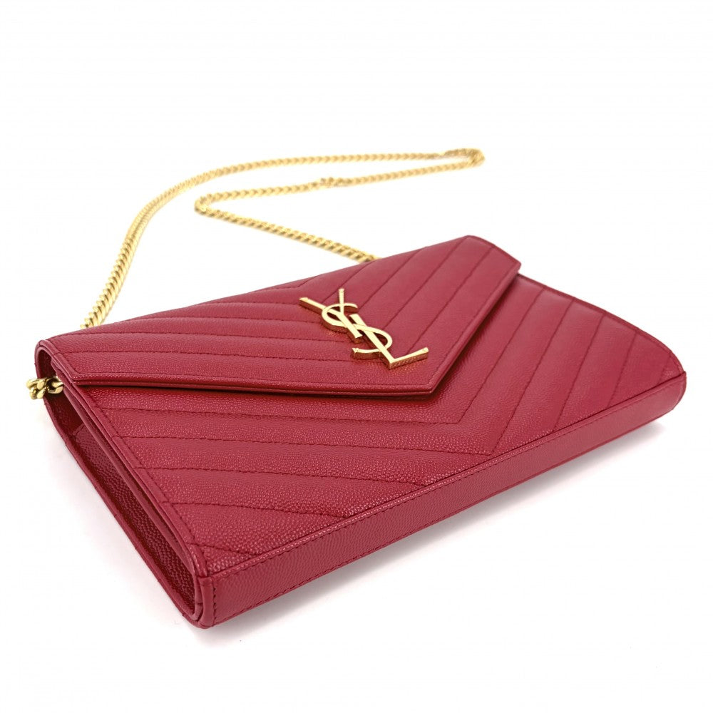 SAINT LAURENT PARIS サンローランパリ チェーンウォレット カサンドラ YSLロゴ ショルダーバッグ 377828 レザー レッド 赤 ゴールド金具 レディース【中古品】