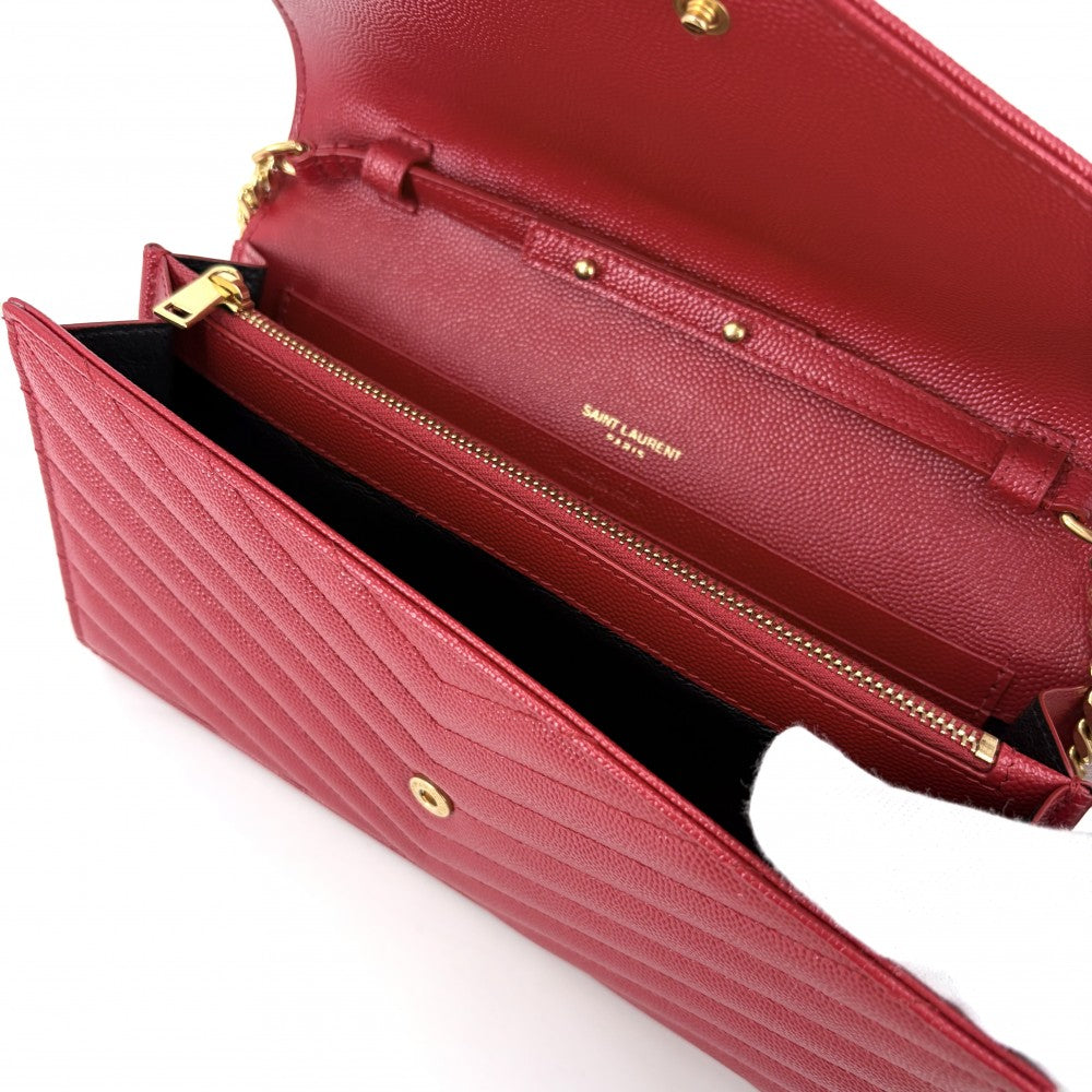SAINT LAURENT PARIS サンローランパリ チェーンウォレット カサンドラ YSLロゴ ショルダーバッグ 377828 レザー レッド 赤 ゴールド金具 レディース【中古品】