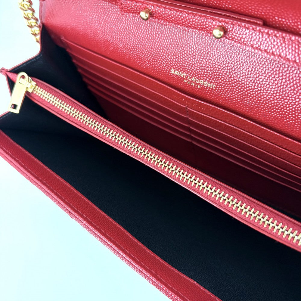 SAINT LAURENT PARIS サンローランパリ チェーンウォレット カサンドラ YSLロゴ ショルダーバッグ 377828 レザー レッド 赤 ゴールド金具 レディース【中古品】