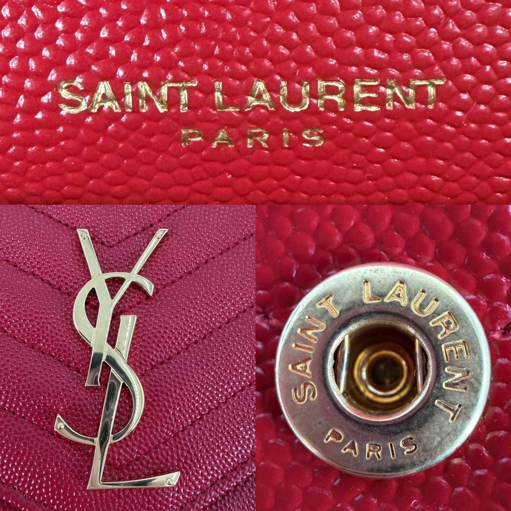 SAINT LAURENT PARIS サンローランパリ チェーンウォレット カサンドラ YSLロゴ ショルダーバッグ 377828 レザー レッド 赤 ゴールド金具 レディース【中古品】
