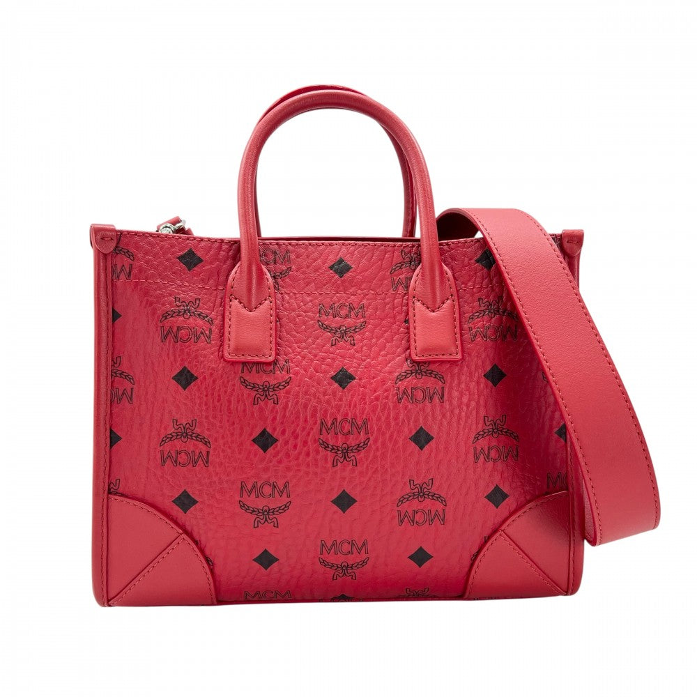 MCM エム・シー・エム 2WAY ヴィセトストート スモール ハンドバッグ ショルダーバッグ レッド 赤 シルバー金具 レディース【中古品】