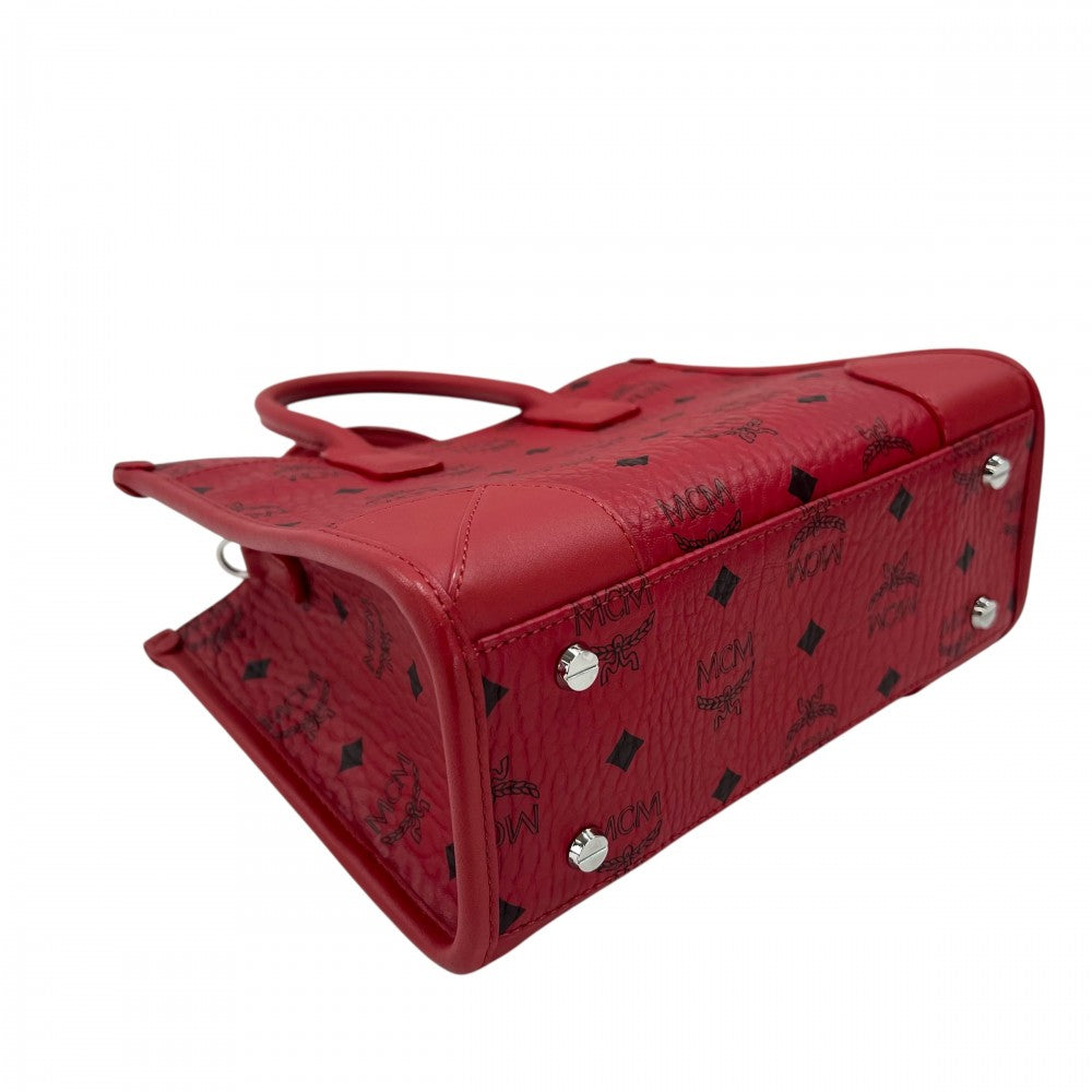 MCM エム・シー・エム 2WAY ヴィセトストート スモール ハンドバッグ ショルダーバッグ レッド 赤 シルバー金具 レディース【中古品】