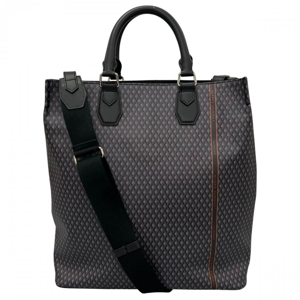 Dunhill ダンヒル 2WAY エンジンターン トートバッグ PVC レザー ブラック 黒 グレー シルバー金具 メンズ【中古品】
