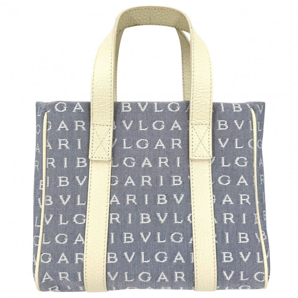 BVLGARI ブルガリ ハンドバッグ ロゴマニア ミニトートバッグ キャンバス レザー ブルー 青 グリーン 緑 レディース【中古品】