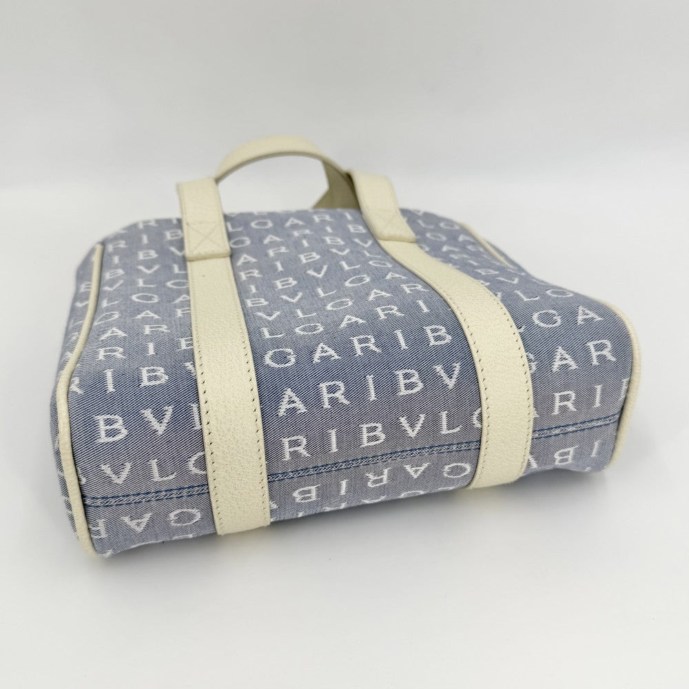 BVLGARI ブルガリ ハンドバッグ ロゴマニア ミニトートバッグ キャンバス レザー ブルー 青 グリーン 緑 レディース【中古品】