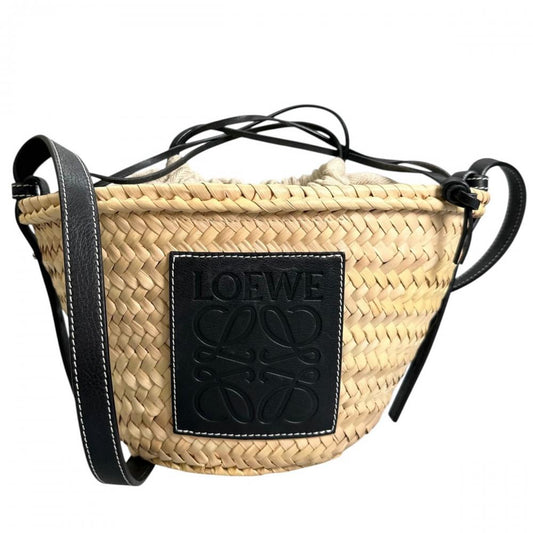 LOEWE ロエベ ショルダーバッグ ドローストリング かごバッグ A223222X01 ラフィア カーフ ブラック 黒 シルバー金具 レディース【中古品】