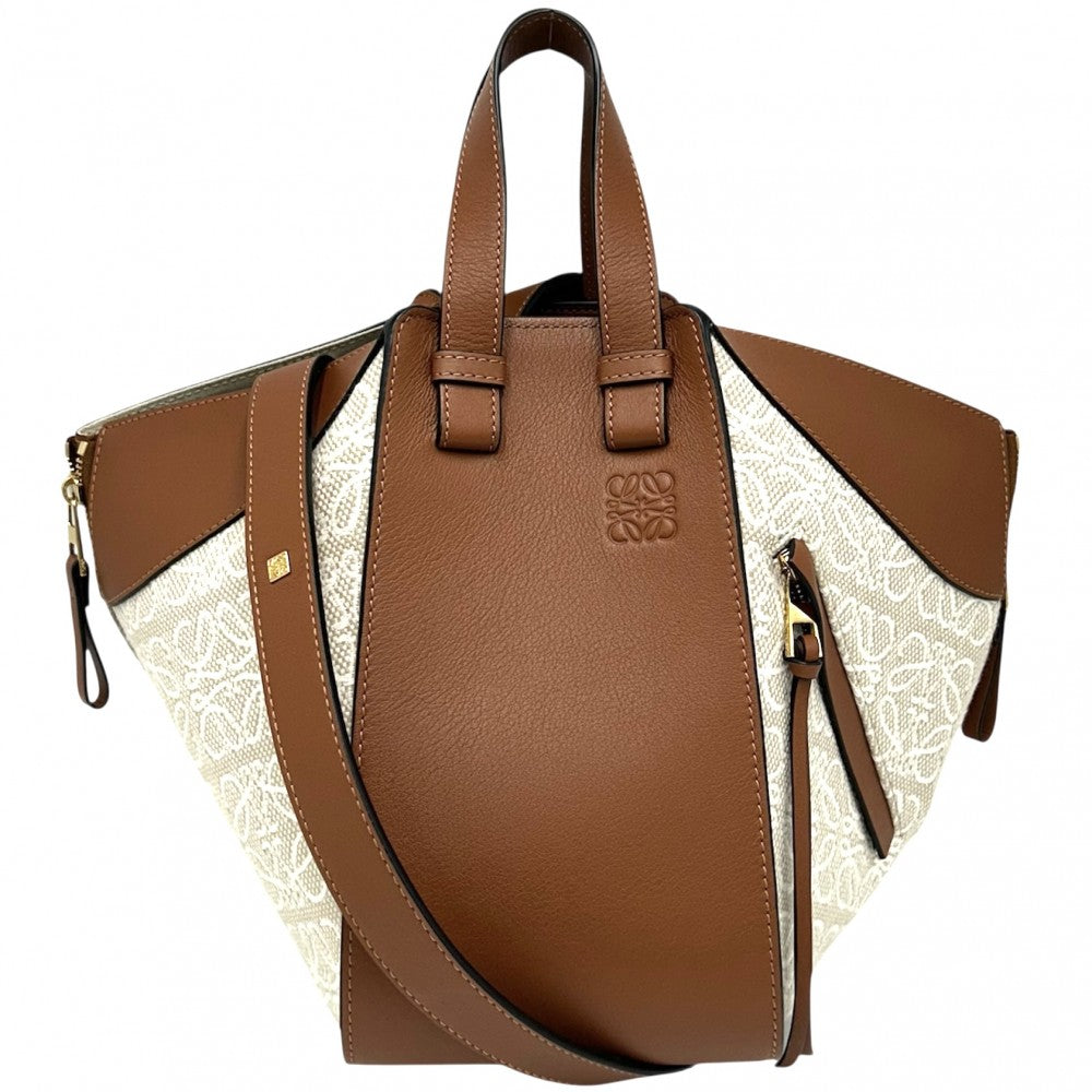 LOEWE ロエベ 2WAY アナグラム ハンモックバッグスモール ショルダーバッグ ハンドバッグ キャンバス レザー ベージュ ブラウン 茶 ゴールド金具 レディース【中古品】