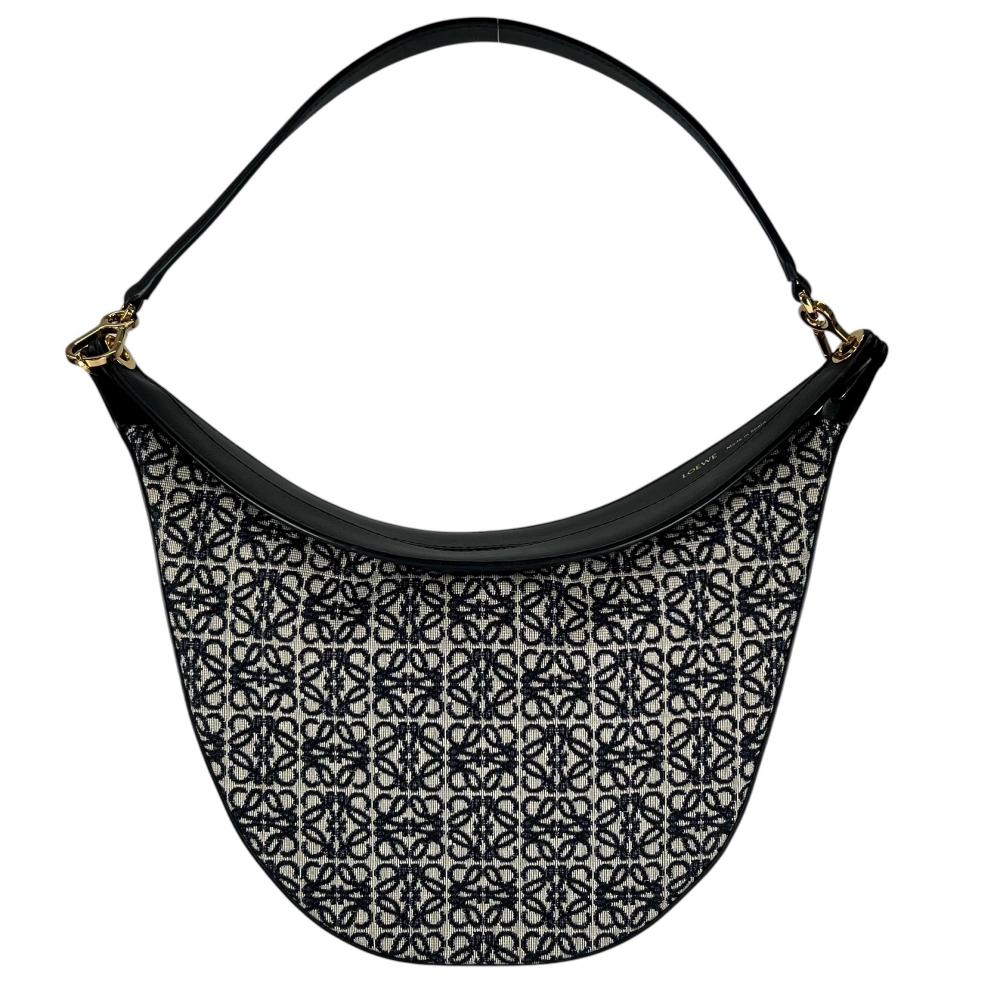 【開店SALE】 LOEWE ロエベ ハンドバッグ ルナ アナグラム ハーフムーン 総柄 ワンショルダー アナグラムジャガード カーフスキン ブラック 黒 ネイビー 紺 ゴールド金具 レディース【中古品】