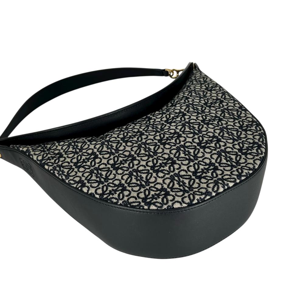【開店SALE】 LOEWE ロエベ ハンドバッグ ルナ アナグラム ハーフムーン 総柄 ワンショルダー アナグラムジャガード カーフスキン ブラック 黒 ネイビー 紺 ゴールド金具 レディース【中古品】