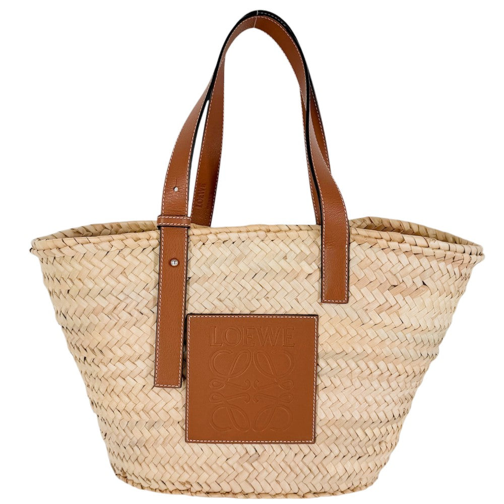 LOEWE ロエベ ハンドバッグ アナグラム バスケットバッグミディアム かごバッグ パームリーフ カーフレザー ベージュ ブラウン 茶 シルバー金具 レディース【中古品】