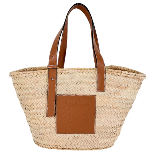 LOEWE ロエベ ハンドバッグ アナグラム バスケットバッグミディアム かごバッグ パームリーフ カーフレザー ベージュ ブラウン 茶 シルバー金具 レディース【中古品】