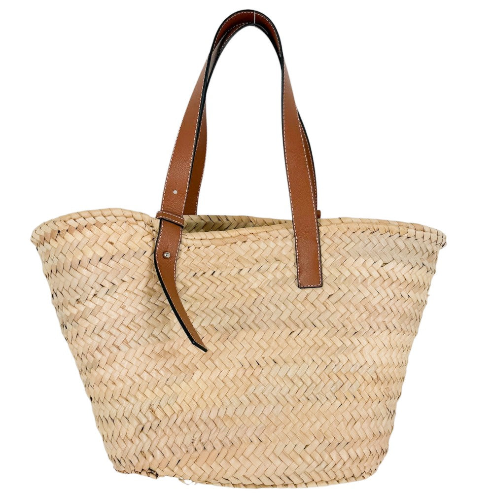 LOEWE ロエベ ハンドバッグ アナグラム バスケットバッグミディアム かごバッグ パームリーフ カーフレザー ベージュ ブラウン 茶 シルバー金具 レディース【中古品】
