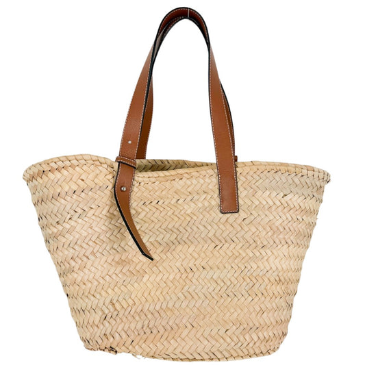 LOEWE ロエベ ハンドバッグ アナグラム バスケットバッグミディアム かごバッグ パームリーフ カーフレザー ベージュ ブラウン 茶 シルバー金具 レディース【中古品】