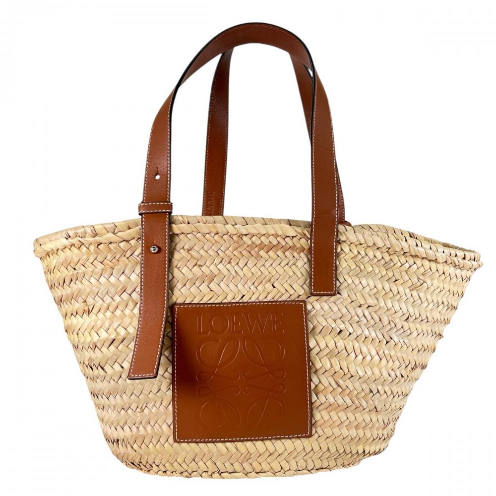 LOEWE ロエベ トートバッグ バスケットバッグ カゴバッグ ミディアムサイズ 327.02.S92 レザー パームリーフ ブラウン 茶 ベージュ シルバー金具 レディース【中古品】