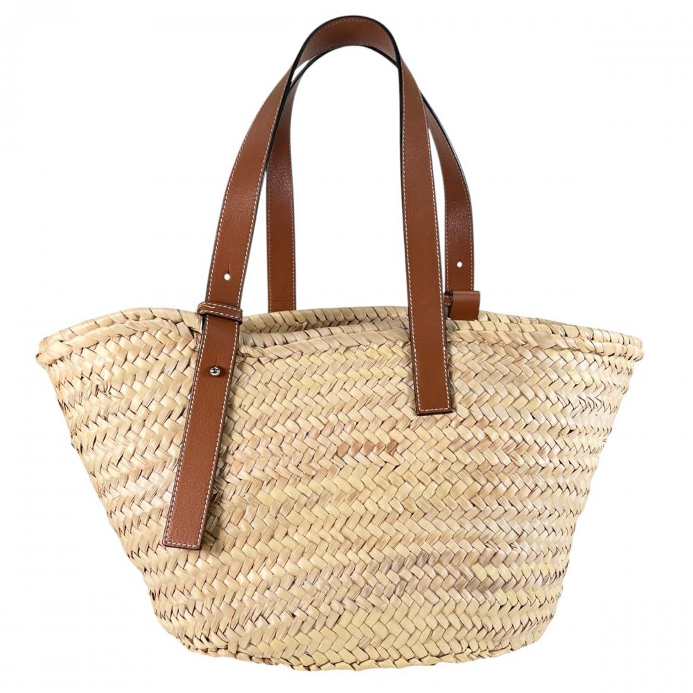 LOEWE ロエベ トートバッグ バスケットバッグ カゴバッグ ミディアムサイズ 327.02.S92 レザー パームリーフ ブラウン 茶 ベージュ シルバー金具 レディース【中古品】