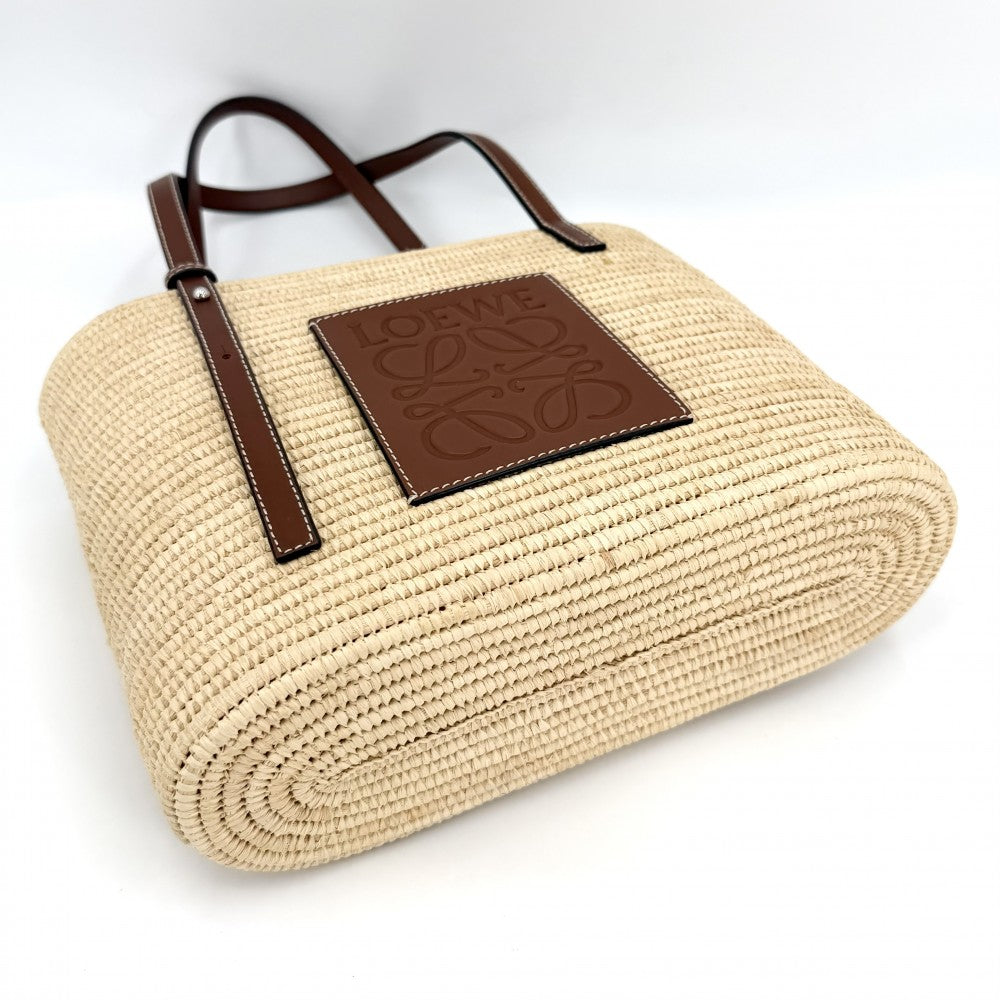 LOEWE ロエベ ハンドバッグ アナグラム スクエア バスケットバッグ カゴバック トートバッグ A223099X02 春 夏 ラフィア ベージュ ブラウン 茶 シルバー金具 レディース【中古品】