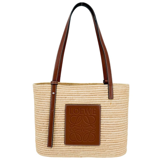LOEWE ロエベ ハンドバッグ アナグラム スクエア バスケットバッグ カゴバック トートバッグ A223099X02 春 夏 ラフィア ベージュ ブラウン 茶 シルバー金具 レディース【中古品】